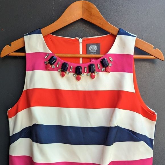 Vince Camuto Dresses & Skirts - Vince Camuto Embellished Yoke Shift Dress Striped Cream/Multi